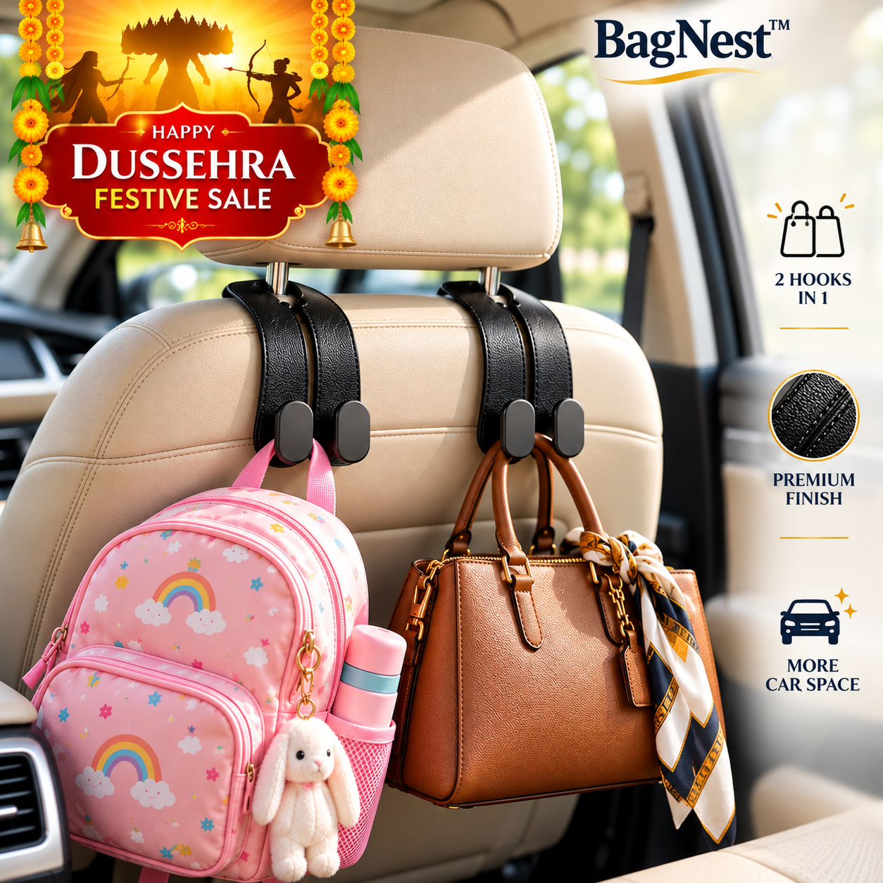 BagNest™ Premium Car Headrest Bag Hooks - Image 1