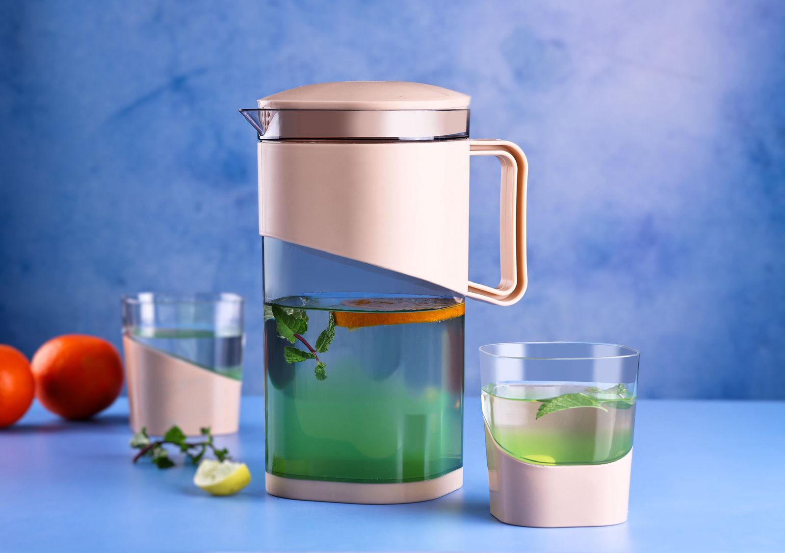 Square Water Jug with Lid and 4 Pieces Glass Set | Stylish Plastic Food Grade BPA-Free for Water, Wine, Juice Storage & Serving - Image 2